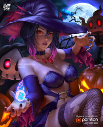 Rule 34 | 1girl, artist name, belt collar, breasts, chest jewel, collar, commentary, creatures (company), detached sleeves, energy ball, fishnet thighhighs, fishnets, full moon, game freak, gen 4 pokemon, gradient hair, halloween, hat, highres, jack-o&#039;-lantern, lips, lipstick, logan cure, long hair, looking at viewer, magic, makeup, mismagius, moon, multicolored hair, nail polish, nintendo, parted lips, personification, pokemon, pokemon (creature), pumpkin, purple hair, purple lips, purple nails, red eyes, thighhighs, torn clothes, torn legwear, watermark, web address, witch hat