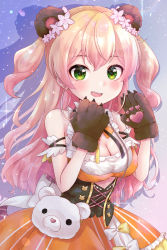 Rule 34 | 1girl, :d, absurdres, animal bag, animal ears, animal hands, arm garter, bad id, bad pixiv id, bear bag, bear ears, bear paws, blonde hair, blush, bow, bowtie, cleavage cutout, clothing cutout, corset, cutout above navel, fang, flower, frilled shirt, frilled skirt, frills, gloves, gradient hair, green eyes, hair flower, hair ornament, highres, hololive, layered skirt, long hair, looking at viewer, momosuzu nene, multicolored hair, multicolored neckwear, open mouth, orange shirt, orange skirt, paw gloves, pink hair, prtn (ttnx), shirt, skirt, skirt set, sleeveless, sleeveless shirt, smile, solo, teeth, two side up, underbust, upper teeth only, virtual youtuber, yellow skirt
