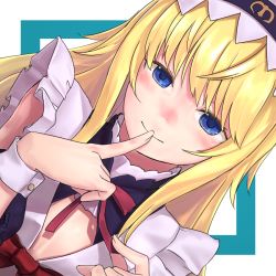 Rule 34 | 1boy, androgynous, apron, blonde hair, blue eyes, blush, chevalier d&#039;eon (fate), closed mouth, dutch angle, fate/grand order, fate (series), finger to mouth, frilled apron, frills, i-pan, index finger raised, long hair, looking at viewer, male focus, official alternate costume, sidelocks, smile, solo, trap, upper body