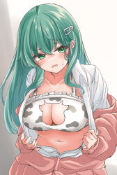 Rule 34 | 1girl, animal print, bra, breasts, cardigan, cat lingerie, cleavage, cleavage cutout, clothing cutout, collared shirt, cow cutout, cow print, dress shirt, frilled bra, frills, green eyes, green hair, hair ornament, hairclip, highres, kantai collection, kasashi (kasasi008), large breasts, long hair, looking at viewer, meme attire, navel, open cardigan, open clothes, open shirt, shirt, solo, suzuya (kancolle), underwear, upper body, white cardigan, white shirt