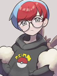 Rule 34 | 1girl, backpack, bag, black-framed eyewear, blue hair, brown bag, closed mouth, commentary request, creatures (company), game freak, glasses, grey background, hands in pocket, highres, hood, hoodie, looking at viewer, nintendo, nori (hgdm2784), penny (pokemon), poke ball print, pokemon, pokemon sv, red hair, round eyewear, short hair, solo, upper body