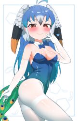 Rule 34 | 1girl, absurdres, bare shoulders, bird girl, bird tail, bird wings, blue bow, blue bowtie, blue hair, blue leotard, blush, bow, bowtie, breasts, chis (js60216), cowboy shot, detached collar, elbow gloves, extra ears, gloves, grey hair, hair between eyes, head wings, heart, heart in eye, highres, impossible clothes, impossible leotard, kemono friends, leotard, long hair, looking at viewer, medium breasts, multicolored hair, navel, orange eyes, orange hair, pantyhose, peacock feathers, peafowl (kemono friends), playboy bunny, sidelocks, sleeveless, smile, solo, strapless, strapless leotard, symbol in eye, tail, thighband pantyhose, white gloves, white hair, white pantyhose, wings