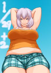 Rule 34 | armpits, arms up, blue hair, blush, blush stickers, breasts, character request, copyright request, fat, grey eyes, highres, kamisuki, large breasts, plump, pov, shorts, smile, source request, white hair