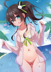 Rule 34 | 1girl, :q, absurdres, ahoge, beach, bikini, bikini top only, bird, blush, bottomless, bra, breasts, brown hair, cat hair ornament, cleft of venus, closed mouth, cloud, frilled bikini, frilled bra, frills, gluteal fold, green eyes, green ribbon, hair between eyes, hair ornament, hair ribbon, heart, highres, hololive, hololive summer 2022 swimsuit, jacket, lens flare, long sleeves, looking at viewer, natsuiro matsuri, navel, ocean, official alternate costume, ontake2009, open clothes, open jacket, outdoors, palm tree, patterned, patterned clothing, pussy, ribbon, ribbon-trimmed bikini, ribbon-trimmed bra, ribbon trim, seagull, side ponytail, sleeves past wrists, small breasts, smile, solo, star (symbol), star tattoo, swimsuit, tattoo, tongue, tongue out, tree, underwear, virtual youtuber, water drop, wet, white bra, white jacket, white swimsuit