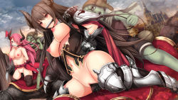 Rule 34 | 2girls, armor, arms behind back, boots, breasts, brown hair, censored, daiaru, defeat, empty eyes, forte (shingeki no bahamut), functionally nude, gag, gloves, goblin, goblin male, gold trim, greaves, highres, horn ornament, horn ribbon, horns, large breasts, mosaic censoring, multiple girls, navel, nipples, outdoors, piercing, pink hair, pointy ears, pussy, red eyes, ribbon, shadowverse, thigh boots, thighhighs, torn clothes, vaginal
