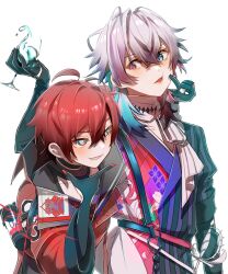 Rule 34 | 2boys, ahoge, amain dudu, asymmetrical clothes, black choker, black gloves, blue eyes, blue hair, blush, cheek poking, choker, commentary, cropped jacket, cup, drinking glass, eyeshadow, floral print, gavis bettel, gloves, grin, hair between eyes, heterochromia, high collar, highres, holding, holding cup, holostars, holostars english, jacket, looking at another, machina x flayon, makeup, medium hair, multicolored hair, multiple boys, pink eyes, pink eyeshadow, pink hair, poking, red eyes, red hair, red jacket, scarf, short hair, smile, spilling, standing, streaked hair, striped, symbol-only commentary, thinking, upper body, vertical stripes, virtual youtuber, white background, white scarf, wine glass