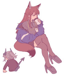 Rule 34 | 2girls, animal ear fluff, animal ears, arknights, black footwear, black horns, black shirt, black sweater, black tail, blue jacket, brown eyes, brown hair, brown tail, brown thighhighs, coffee cup, collared shirt, commentary, covered mouth, crossed legs, cup, disposable cup, dragon girl, dragon tail, drink, facing away, flat color, fox ears, fox girl, fox tail, franka (arknights), grey hair, hand up, haruichi (sazanami complex), high heels, holding, holding drink, horns, invisible chair, jacket, lanyard, liskarm (arknights), long hair, long sleeves, looking down, multiple girls, off shoulder, open clothes, open jacket, shirt, shoes, simple background, sitting, sweater, tail, tail raised, thighhighs, white background