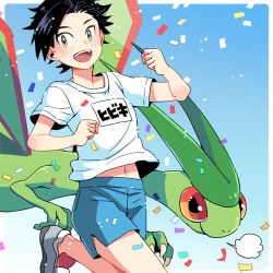 Rule 34 | 1boy, :d, alternate costume, bad id, bad pixiv id, black hair, blue shorts, blush, clenched hands, commentary request, confetti, creatures (company), ethan (pokemon), flygon, game freak, gen 3 pokemon, grey footwear, lowres, male focus, nintendo, open mouth, pokemon, pokemon (creature), pokemon hgss, shirt, shoes, short hair, short sleeves, shorts, smile, t-shirt, teeth, tongue, upper teeth only, white shirt, xichii, yellow eyes