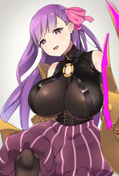 Rule 34 | 10s, 1girl, :d, arm at side, baggy shorts, bare shoulders, black collar, blunt bangs, breasts, brown pantyhose, buckle, claws, cleavage, clothing cutout, collar, collarbone, corset, cowboy shot, detached sleeves, eyelashes, fate/extra, fate/extra ccc, fate/grand order, fate (series), grey background, hair ribbon, hand up, head tilt, highres, huge breasts, leg up, long hair, looking at viewer, o-ring, o-ring top, okamen, open mouth, pantyhose, passionlip (fate), pink eyes, pink ribbon, purple hair, purple shirt, ribbon, shirt, shorts, shoulder cutout, simple background, skin tight, skindentation, sleeveless, smile, solo, standing, standing on one leg, striped clothes, striped shorts, tsurime, vertical-striped clothes, vertical-striped shorts