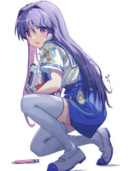 Rule 34 | 1girl, akayama yukihe, blue skirt, blush, clannad, commentary request, frown, fujibayashi kyou, full body, green panties, hair between eyes, hair intakes, hair ribbon, high-waist skirt, highres, hikarizaka private high school uniform, holding, holding notepad, kneeling, long hair, looking at viewer, mary janes, notepad, open clothes, open mouth, open skirt, panties, panty peek, pen, purple eyes, purple hair, ribbon, school uniform, shirt, shoes, short sleeves, simple background, skirt, solo, sound effects, straight hair, summer uniform, suspender skirt, suspenders, sweatdrop, thighhighs, thighs, tress ribbon, underwear, very long hair, white background, white footwear, white ribbon, white shirt, white thighhighs, zettai ryouiki