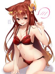 Rule 34 | 1girl, animal ears, anthuria, bad id, bad pixiv id, blush, bra, breasts, cleavage, collarbone, embarrassed, erune, flying sweatdrops, frilled bra, frilled panties, frills, granblue fantasy, hair between eyes, hair ornament, hand up, highres, long hair, looking at viewer, medium breasts, navel, open mouth, panties, ramchi, red bra, red eyes, red hair, red panties, side-tie panties, simple background, sitting, skindentation, smile, solo, spoken blush, stomach, thighs, underwear, underwear only, wariza, white background