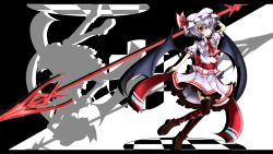 Rule 34 | 1girl, akisome hatsuka, ascot, bat wings, blue hair, female focus, hat, hatsuka (exsilver), highres, polearm, red eyes, remilia scarlet, short hair, silhouette, skirt, solo, spear, spear the gungnir, thighhighs, touhou, weapon, wings