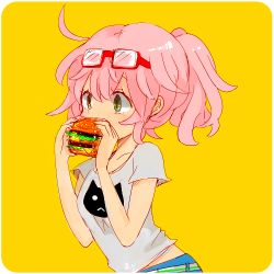 Rule 34 | 1girl, burger, eating, unworn eyewear, food, glasses, green eyes, koneko mari, lowres, pink hair, ponytail, shirt, simple background, solo, yellow background