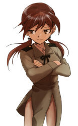 Rule 34 | 1girl, aoba (smartbeat), brown eyes, brown hair, crossed arms, female focus, gertrud barkhorn, military, military uniform, short hair, short twintails, simple background, solo, strike witches, twintails, uniform, white background, world witches series