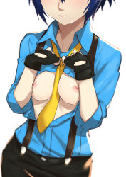 Rule 34 | 1girl, black gloves, blue hair, blue shirt, blush, breasts, breasts out, female focus, fingerless gloves, gloves, head out of frame, highres, morisobo, necktie, nipples, no bra, open clothes, open shirt, persona, persona 4, shirogane naoto, shirt, short hair, simple background, solo, suspenders, sweat, white background, yellow necktie