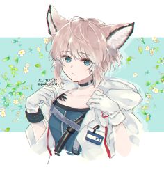 Rule 34 | 1girl, ahoge, animal ears, arknights, blue eyes, blue shirt, brown hair, coat, commentary request, cropped torso, dated, dated commentary, floral background, fox ears, gloves, hands up, hiroe, hood, hood down, id card, infection monitor (arknights), looking at viewer, material growth, oripathy lesion (arknights), shirt, short hair, smile, solo, sussurro (arknights), twitter username, upper body, white coat, white gloves, wristband