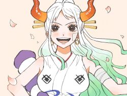 Rule 34 | 1girl, bandaid, bandaid on arm, blunt ends, commentary request, earrings, green hair, hair ornament, horns, japanese clothes, jewelry, kimono, looking at viewer, millpi01, multicolored horns, one piece, open mouth, orange horns, petals, ponytail, red horns, rope, shimenawa, simple background, sleeveless, sleeveless kimono, smile, solo, upper body, white hair, white kimono, yamato (one piece)