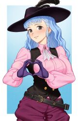Rule 34 | 1girl, absurdres, alternate costume, alternate hairstyle, ascot, belt, belt buckle, black belt, black eyes, black hat, blue background, blue hair, border, breasts, buckle, buttons, collared shirt, commentary, commission, cosplay, crossover, english commentary, female focus, fire emblem, fire emblem: three houses, gloves, grin, hat, hat feather, heart, heart hands, highres, lips, long hair, long sleeves, looking at viewer, marianne von edmund, medium breasts, nintendo, okumura haru, okumura haru (cosplay), outside border, parted lips, persona, persona 5, pink lips, pink shirt, purple gloves, rojen, shirt, simple background, smile, solo, underbust, voice actor connection, wavy hair, white ascot, white border, xanthe huynh