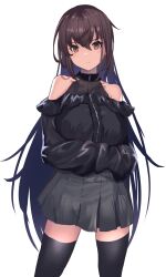 Rule 34 | 1girl, absurdres, alternate costume, bare shoulders, black hair, black sweater, black thighhighs, brown eyes, closed mouth, grey skirt, hair between eyes, halterneck, highres, kantai collection, light frown, looking at viewer, nagato (kancolle), o-sirius, off-shoulder sweater, off shoulder, skirt, sleeves past fingers, sleeves past wrists, solo, sweater, thighhighs, white background, zettai ryouiki