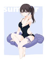 Rule 34 | 1girl, bang dream!, bang dream! it&#039;s mygo!!!!!, barefoot, black one-piece swimsuit, brown hair, closed mouth, clothing cutout, commentary request, ear piercing, earrings, highres, inflatable raft, jewelry, leg ribbon, long hair, no pupils, one-piece swimsuit, piercing, ponytail, porinki, purple eyes, ribbon, shiina taki, side cutout, sitting, solo, sweatdrop, swimsuit, thigh ribbon