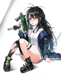 Rule 34 | 1girl, absurdres, bad id, bad pixiv id, bandaid, bandaid on face, bandaid on nose, bare legs, bare shoulders, black hair, black thighhighs, blue jacket, blush, brown eyes, bullet in mouth, c-ms (girls&#039; frontline), cbj-ms, convenient leg, extended magazine, fall (aki), finger on trigger, foregrip, full body, girls&#039; frontline, gun, hair between eyes, hand up, handgun, highres, holding, holding gun, holding weapon, jacket, knees together feet apart, knees up, long hair, machine pistol, messy hair, mole, mole under eye, mouth hold, off shoulder, open clothes, open jacket, personal defense weapon, pistol, pistol stabilizing brace, shirt, single thighhigh, sleeveless, sleeveless shirt, solo, stock (firearm), stubby grip, submachine gun, telescoping stock, thighhighs, thighs, torn clothes, torn thighhighs, vertical forward grip, very long hair, weapon, white shirt