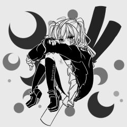 Rule 34 | 1girl, angry, bandage on face, bandage on knee, bandages, black cardigan, black footwear, black socks, black sweater, bruise, bruise on face, cardigan, collared shirt, crescent moon, crying, crying with eyes open, curled up, empty eyes, fetal position, frown, greyscale, hatsune miku, hugging own legs, hunched over, injury, knees to chest, long hair, looking at viewer, marininho, messy hair, monochrome, moon, plantar flexion, pleated skirt, rolling girl (vocaloid), school uniform, shirt, sitting, skirt, socks, solo, spring onion, sweater, tearing up, tears, twintails, vocaloid