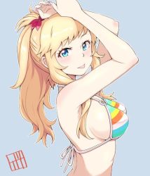 Rule 34 | 1girl, :p, armpits, arms up, bikini, bikini top only, blonde hair, blue background, blue eyes, bowieknife, breasts, flower, from side, hair flower, hair ornament, halterneck, idolmaster, idolmaster cinderella girls, long hair, looking at viewer, multicolored bikini, multicolored clothes, o-ring, o-ring top, ohtsuki yui, ponytail, sideboob, sidelocks, simple background, solo, string bikini, striped bikini, striped clothes, swimsuit, tongue, tongue out