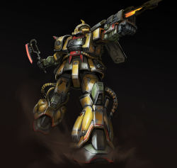 Rule 34 | absurdres, aiming, arm cannon, artofwill, cable, camouflage, commentary, damaged, dirty, dust, english commentary, firing, gundam, heat hawk, highres, hose, machinery, mecha, mobile suit, mobile suit gundam, one-eyed, original, realistic, redesign, robot, science fiction, shield, shoulder spikes, sketch, spikes, weapon, zaku ii, zeon