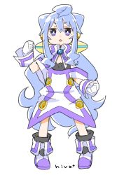 Rule 34 | 1boy, absurdres, ahoge, clenched hands, gloves, hacka doll, hacka doll 3, highres, hiva+, long hair, male focus, open mouth, purple eyes, purple footwear, short eyebrows, signature, simple background, solo, standing, trap, white background, white gloves, white hair