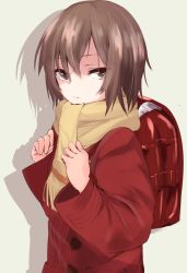 Rule 34 | 1girl, adjusting strap, backpack, bag, boku dake ga inai machi, brown eyes, brown hair, closed mouth, coat, commentary, curled fingers, drop shadow, expressionless, female focus, from side, highres, hinazuki kayo, holding strap, kasyo, long hair, long sleeves, looking at viewer, looking to the side, narrowed eyes, randoseru, red bag, red coat, scarf, school bag, short hair, so-ffi neko, solo, upper body, white background, yellow scarf