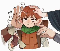 Rule 34 | 1boy, annoyed, arm guards, armor, backpack, bag, bags under eyes, brown gloves, brown hair, cheek bulge, cheek poking, chilchuck tims, commentary request, dungeon meshi, fingerless gloves, fur trim, gloves, green scarf, halfling, hand on another&#039;s head, headpat, highres, holding, holding scroll, laios thorden, large ears, leather armor, long sleeves, marcille donato, out of frame, poking, puff of air, scarf, scroll, senshi (dungeon meshi), shirt, short hair, simple background, solo focus, vambraces, white background, white shirt, wide sleeves, yg14953