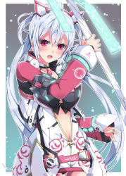 Rule 34 | 1girl, ahoge, black bra, black panties, blush, bra, breasts, choker, cleavage cutout, clothing cutout, collarbone, cowboy shot, floating hair, gem, hair between eyes, hairband, holding, holding weapon, large breasts, long hair, looking at viewer, matoi (pso2), milkpanda, navel, open mouth, panties, partially unzipped, phantasy star, phantasy star online 2, red eyes, red hairband, shiny skin, silver hair, solo, standing, twintails, underwear, very long hair, weapon