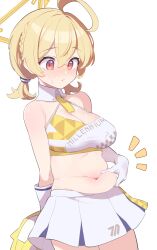 Rule 34 | 1girl, absurdres, ahoge, belly, belly grab, blonde hair, blue archive, blush, braid, breasts, cheerleader, cleavage, gloves, halo, highres, kotori (blue archive), kotori (cheer squad) (blue archive), large breasts, looking down, millennium cheerleader outfit (blue archive), miniskirt, navel, nose blush, notice lines, official alternate costume, pleated skirt, plump, pom pom (cheerleading), red eyes, short twintails, simple background, skirt, solo, sutora binsuke, sweatdrop, twintails, white background, white gloves