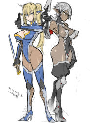 Rule 34 | 2girls, alternate hairstyle, anastasia d faizland, armpits, bare shoulders, blonde hair, blue eyes, bodysuit, boots, breasts, captive market, chakram, cleavage, cleavage cutout, clothing cutout, danes c asriel, dark-skinned female, dark elf, dark skin, ear protection, elbow gloves, elf, fingerless gloves, fishnets, frown, full body, gloves, hair up, halterneck, hand on thigh, hand up, high heel boots, high heels, high ponytail, highleg, highleg leotard, holding, holding weapon, katana, large breasts, leotard, light smile, lilith-soft, long hair, looking at viewer, multiple girls, ninja, official art, orange eyes, parody, pointy ears, ponytail, reverse grip, ryoshuu ichiba, serious, shindol, shoes, short hair, silver hair, simple background, sketch, smile, standing, sword, taimanin (series), taimanin asagi, taimanin suit, thigh boots, thighhighs, translation request, turtleneck, weapon, white background