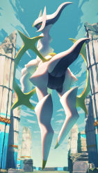 Rule 34 | arceus, cloud, colored sclera, commentary request, creatures (company), day, from behind, full body, game freak, gen 4 pokemon, green sclera, highres, legendary pokemon, looking back, mythical pokemon, naoki eguchi, nintendo, no humans, outdoors, pillar, pokemon, pokemon (creature), red eyes, ruins, sky, solo