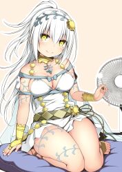 Rule 34 | 1girl, absurdres, arm tattoo, breasts, cleavage, dress, electric fan, hair between eyes, hair ornament, highres, holding, kuromayu, leg tattoo, long hair, looking at viewer, medium breasts, mimikaki, original, outline, ponytail, simple background, sitting, smile, solo, strapless, strapless dress, tattoo, very long hair, white dress, white hair, white outline, yellow eyes