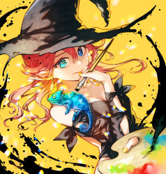 Rule 34 | 1girl, bare shoulders, black hat, black shirt, blue eyes, chameleon, commentary request, earrings, green eyes, hair between eyes, hat, highres, holding, holding paintbrush, jewelry, long hair, long sleeves, looking at viewer, nail polish, off-shoulder shirt, off shoulder, okeno kamoku, original, paintbrush, palette (object), pointy ears, red hair, shirt, solo, upper body, witch, witch hat, yellow background, yellow nails