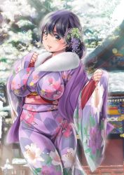 Rule 34 | 1girl, alternate costume, black hair, blush, breasts, floral print, flower, hair flower, hair ornament, highres, japanese clothes, kantai collection, kantori, kimono, large breasts, long hair, long sleeves, looking at viewer, obi, sash, side ponytail, snow, solo, ushio (kancolle), wide sleeves, winter, winter clothes