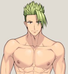 Rule 34 | 1boy, abs, achilles (fate), arima (arima bn), bara, fate/grand order, fate (series), green hair, large pectorals, looking at viewer, male focus, manly, mature male, muscular, muscular male, nipples, pectorals, see-through, smile, solo, spiked hair, topless male, undercut, upper body, yellow eyes