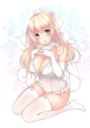 Rule 34 | 1girl, alternate costume, atago (kancolle), ayase hazuki, blonde hair, blush, breasts, bridal veil, corset, detached collar, elbow gloves, garter straps, gloves, green eyes, highres, jewelry, kantai collection, large breasts, long hair, looking at viewer, ring, seiza, sitting, smile, solo, thighhighs, veil, wedding band, white corset, white gloves, white thighhighs