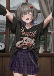Rule 34 | 1girl, absurdres, black shirt, copyright request, curtains, ear piercing, gishiki (gshk), grey hair, hair ornament, highres, open mouth, original, outstretched arms, overcast, piercing, plaid, plaid skirt, plant, potted plant, purple skirt, shirt, short hair, short sleeves, skirt, skull hair ornament, sky, smile, solo, window