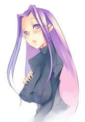 Rule 34 | 00s, 1girl, blush, breasts, covered erect nipples, fate/stay night, fate (series), glasses, large breasts, long hair, medusa (fate), medusa (rider) (fate), mikage sekizai, official alternate costume, open mouth, purple eyes, purple hair, simple background, solo, turtleneck, upper body, very long hair, white background