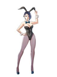 Rule 34 | absurdres, alternate costume, bare arms, blue hair, bow, bowtie, breasts, cleavage, fire emblem, fire emblem: three houses, hand on own hip, high heels, highres, large breasts, leotard, looking at viewer, nintendo, pantyhose, playboy bunny, pomelomelon, purple eyes, shamir nevrand, short hair, simple background, smile, traditional bowtie, white background