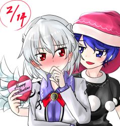Rule 34 | 2girls, blue eyes, blue hair, blush, box, candy, chocolate, chocolate heart, dated, doremy sweet, dress, ear blush, eye contact, food, gift, hand to own mouth, happy valentine, hat, heart, heart-shaped box, kishin sagume, looking at another, multiple girls, nightcap, nose blush, oshiaki, pom pom (clothes), red eyes, short hair, silver hair, simple background, single wing, smile, touhou, wavy mouth, white background, wings, yuri