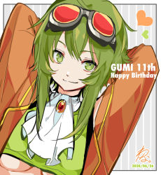 Rule 34 | 1girl, arms behind head, birthday, blouse, breasts, brooch, character name, commentary, dated, goggles, goggles on head, green eyes, green hair, green shirt, grey background, gumi, gumi (v3 megpoid), hands up, happy birthday, heart, highres, jacket, jewelry, neckerchief, orange jacket, red goggles, shirt, short hair with long locks, sidelocks, signature, smile, solo, striped, striped background, underboob, vocaloid, wanaxtuco, white neckerchief