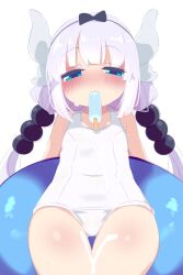 1girl arms_behind_back blue_ribbon blush dragon_girl eyebrows_hidden_by_hair flat_chest food food_in_mouth food_on_clothes gluteal_fold hair_ribbon highres innertube kanna_kamui kobayashi-san_chi_no_maidragon kukuchi581 long_hair looking_at_viewer one-piece_swimsuit popsicle popsicle_in_mouth purple_hair ribbon school_swimsuit simple_background solo suggestive_fluid sweat swim_ring swimsuit thigh_gap white_background white_one-piece_swimsuit