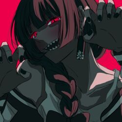 Rule 34 | 1girl, black nails, blush, bocchi the rock!, braid, claw pose, collarbone, earrings, glowing, hair over shoulder, hands up, highres, hiroi kikuri, jacket, jewelry, long hair, looking at viewer, nail polish, off shoulder, open clothes, open jacket, red background, red hair, red theme, ringed eyes, sharp teeth, shirt, single braid, solo, teeth, white shirt, yukahire