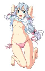 Rule 34 | 10s, 1girl, :d, adrenaline!!!, aqua eyes, arms up, barefoot, blush, bow, breasts, cameltoe, clothes lift, eromanga sensei, feet, full body, gradient hair, hair bow, hair ribbon, highres, izumi sagiri, light purple hair, long hair, looking at viewer, multicolored hair, navel, no bra, open mouth, panties, pink bow, pink panties, ribbon, shirt, shirt lift, short sleeves, side-tie panties, silver hair, simple background, small breasts, smile, solo, string panties, t-shirt, toes, unasaka ryou, underboob, underwear, white background
