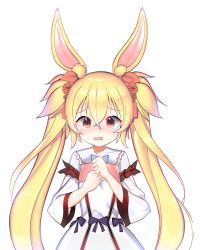 Rule 34 | 1girl, animal ears, bad id, bad pixiv id, blonde hair, blue neckwear, blush, bow, bowtie, character request, cross-eyed, crying, crying with eyes open, cuisine dimension, dress, hair ornament, hair ribbon, cuisine dimension, long hair, open mouth, own hands together, red eyes, ribbon, ribbon-trimmed sleeves, ribbon trim, skirt, skirt set, teardrop, tearing up, tears, topu, twintails, white dress