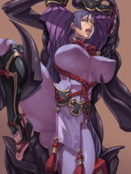 Rule 34 | 1girl, arm guards, armor, bodysuit, breasts, covered navel, fate/grand order, fate (series), huge breasts, japanese armor, kote, long hair, low-tied long hair, minamoto no raikou (fate), parted bangs, purple bodysuit, purple eyes, purple hair, ribbed sleeves, rope, solo, standing, standing on one leg, tabard, very long hair, xxoom